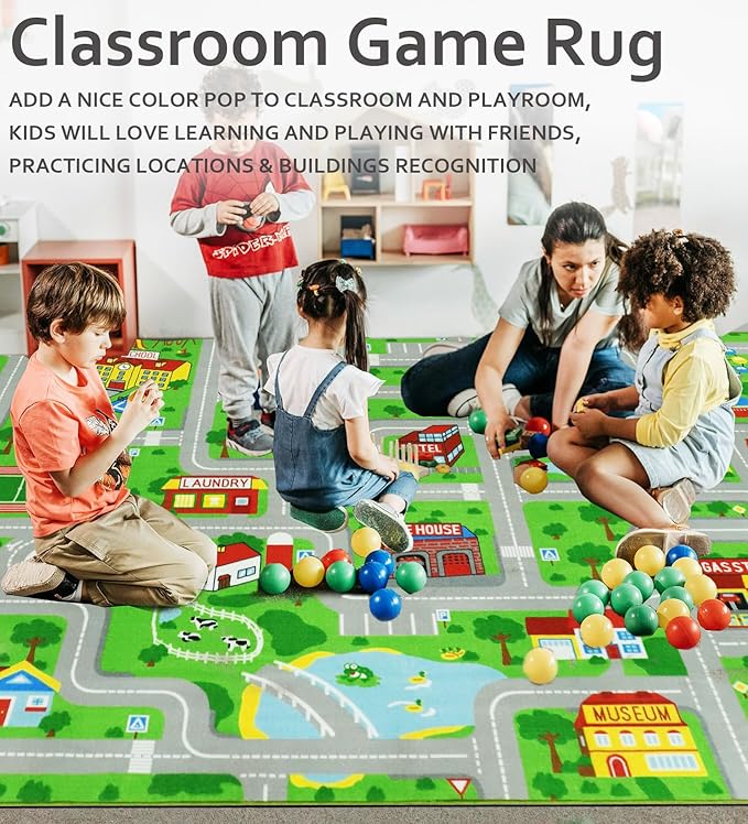 Educational Road Traffic Carpet Kids Carpet Playmat Car Rug Fun City Life Map Kids Car Rug Non Slip Play Carpet for Children Playroom Bedroom Classroom Decor (Green, 6'6''x9'8'')