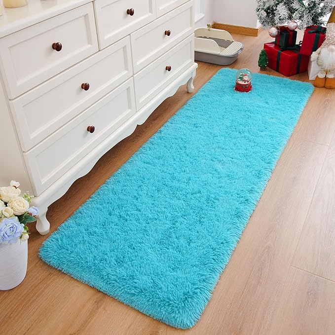 Amearea Shag Fluffy Runner Rug for Bedroom Girls Living Room, 2x6 Feet Extra Soft and Fuzzy Shaggy Rugs, Non Slip, Indoor Floor Long Carpet Mat for Boys Nursery Home Decor, Blue