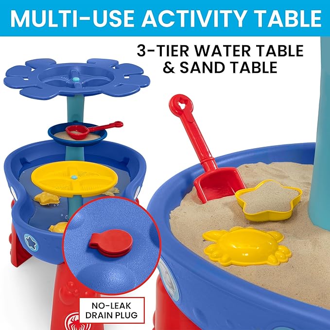 Spidey and His Amazing Friends Water Table by Delta Children| 3-Tier Water Play Table with 9-Piece Toy Set | Water Sensory Table + Summer Beach Toys for Outside Backyard for Toddlers Ages 2+, Blue