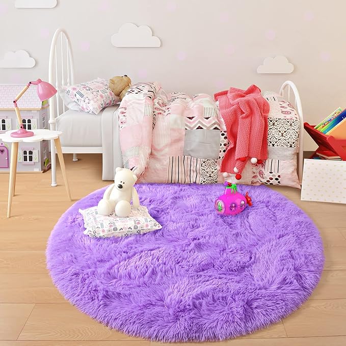 junovo Round Rug 6x6 Feet Fluffy Soft Area Rugs for Kids Girls Room Princess Castle Plush Shaggy Carpet Cute Circle Nursery Rug for Kids Teen's Bedroom Home Decor Large Circular Carpet, Purple
