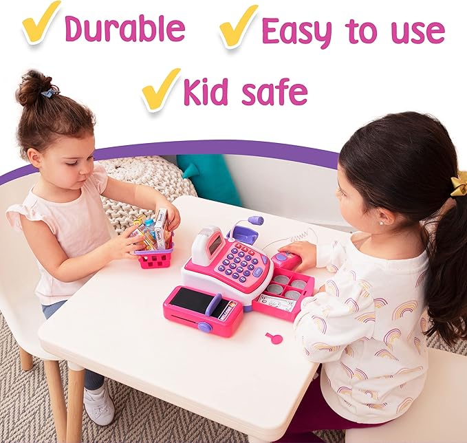 PREXTEX Pretend and Play Electronic Toy Cash Register, Shopping Till Includes Play Money, Scanner, Calculator, Mic Speaker for Kids, Great Gift for 3+ Year Old Girls and Boys