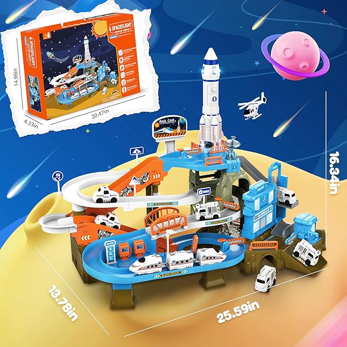 Race Tracks for Kids Ages 3-5, SMILESSKIDDO 73 PCS Space Car Tracks Toys Gifts for Boys Kids with Music and Engineering Scene Simulation, Construction Car Toddler Boy Toys Gift for Ages 3+