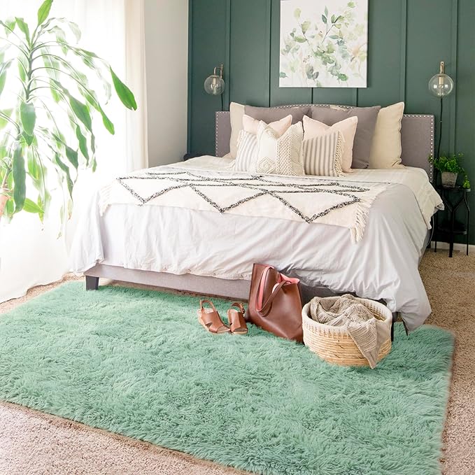 Amdrebio Sage Green Area Rugs for Bedroom Aesthetic, Fluffy Furry Rugs for Nursery, Classroom, Teen Boys, Baby Kids Room Decor, Cute Shaggy Carpet for Living Room Dorm, Fuzzy Plush Light Mint Rug 4x6