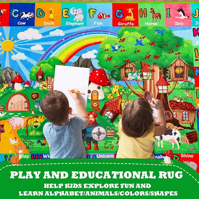 ABC Kids Rug for Playroom 78.7"×59" Hobbit House Educational Kids Playmat Alphabet Animal & Shape Learning, Premium Non-Slip Playmat for Toddlers Letters Farm Animals Color Foam Classroom Carpet