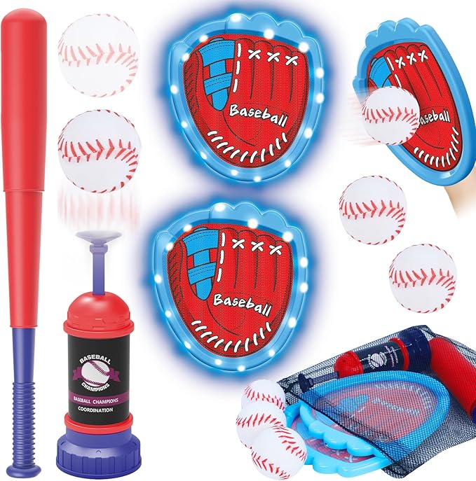 Gifts2U Baseball Toss and Catch Game Set - Indoor Outdoor Sports Toy with 2 Catch Paddles, 3 Sticky Balls, Baseball Bat, Pitching Machine and Storage Bag, Perfect for Backyard Fun Family Games