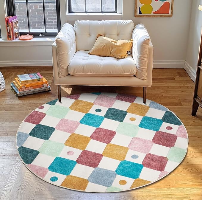 jinchan Round Rug 4ft Kids Washable Rug Colorful Trellis Indoor Floor Cover Non Slip Soft Modern Living Room Diamond Carpet for Nursery Room Bedroom Playroom Confetti on Cream