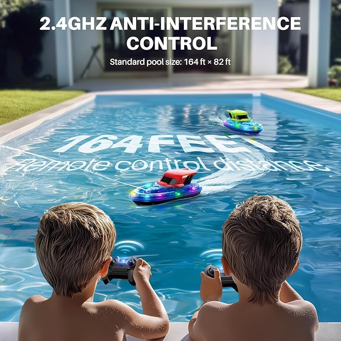 SYMA 2 Pack RC Boats for Kids 8-12, Remote Control Racing Boat Set for Pool with LED Lights,40 Mins Playtime(2 Batteries) and One-Key Water Spay, Summer Gifts Toys for Boys and Girls
