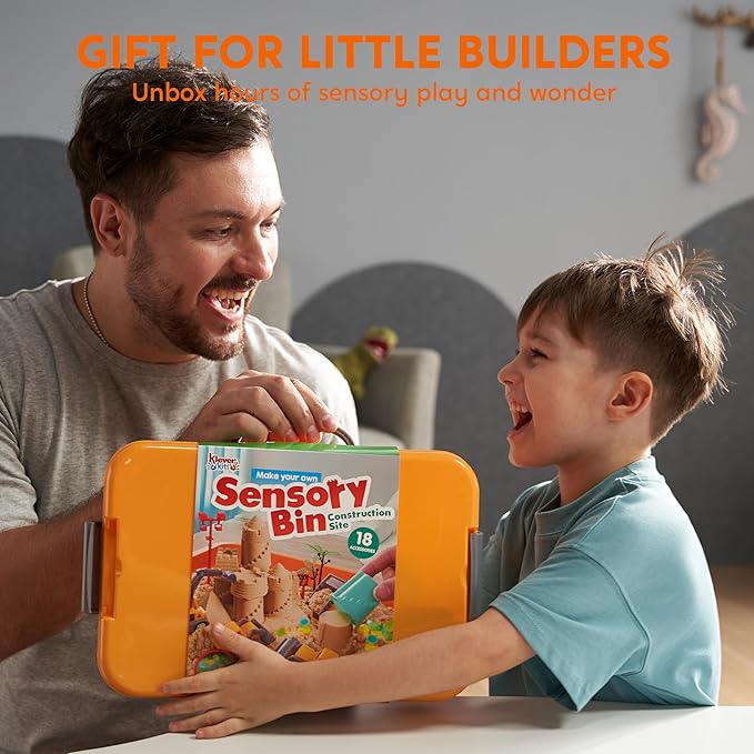 Klever Kits Construction Sensory Bin for Toddlers with Glow in The Dark Stones, Sandbox with Lid Castle Building kit, Preschool Learning Activities Gifts for Boys Girls Age 3+