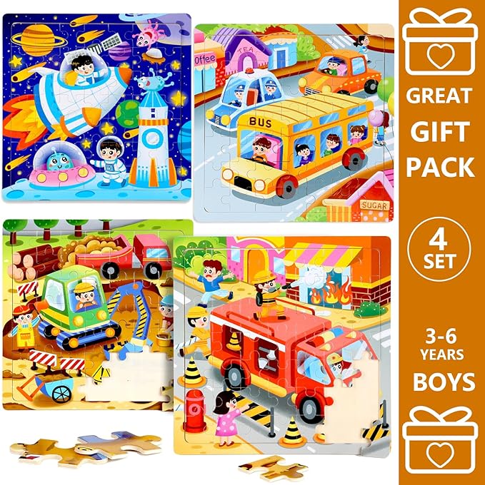 Puzzles for Kids Ages 4-6 - 48 Pcs Wooden Realistic Montessori Toddler Puzzles Ages 3-5 - Construction Vehicles Fire Rescue Space Learning Games for Boys and Girls 4-8 Year Olds