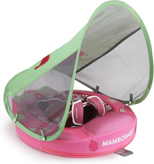 Mambobaby Float Add Tail Baby Swim Float with Canopy Solid Pool Infant Swim Trainer Swimming Training Lying Air Free Water Floats Non-Inflatable Waist Swim Ring for Toddlers (Dragon Fruit)