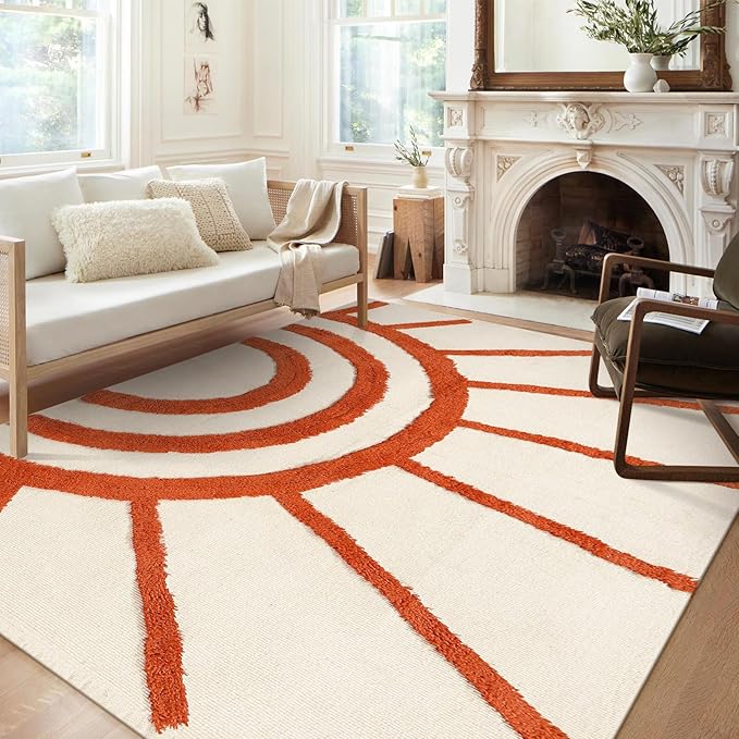 OJIA Boho Washable Rugs 5x8 Rug for Living Room Kids Room,Orange Sun Bedroom Carpet Soft Tufted Modern Farmhouse Cute Bedside Carpet for Dorm/Playroom/Nursery Room