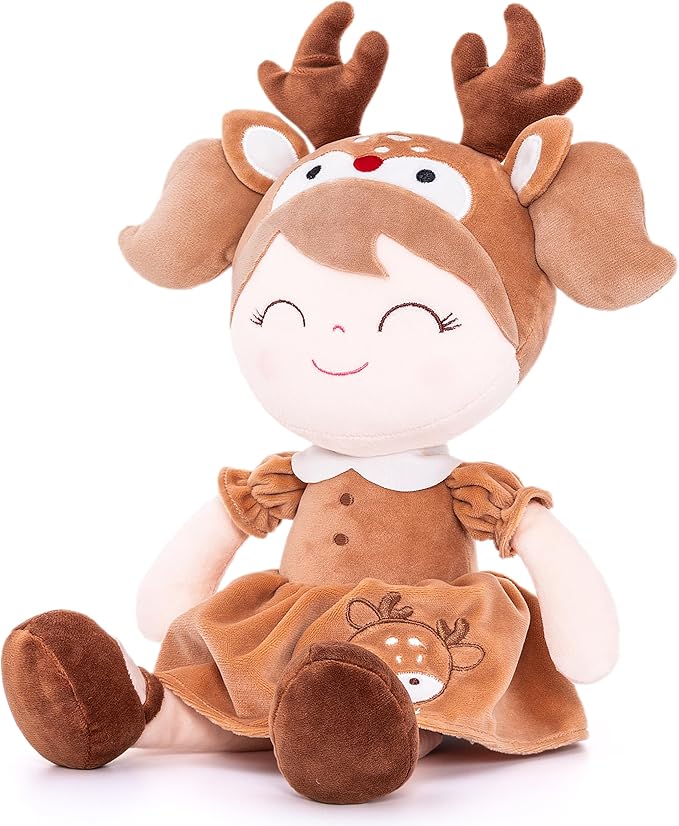 Gloveleya Plush Baby Doll Girl Gift Spring Elk Deer Doll Kids Soft Toy Brown 16"