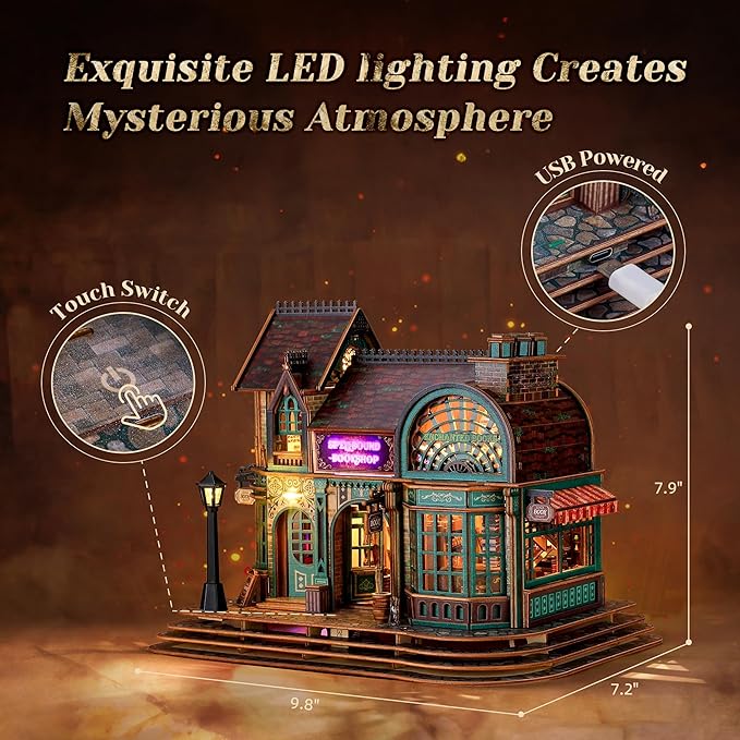LED 3D Wood Puzzle - Magic Bookshop Building Model Kit with LEDs - DIY Miniature Magical Bookstore - 3D Puzzle Architecture Craft Gift for Adults