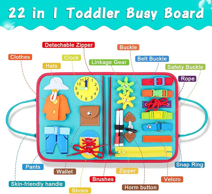Busy Board for Toddlers 2-4, Montessori Travel Toy for Plane/Car, Educational Sensory Toy for Toddlers 1-3, Preschool Activities Board for Developing Fine Motor Skills, Gift for Boys Girls