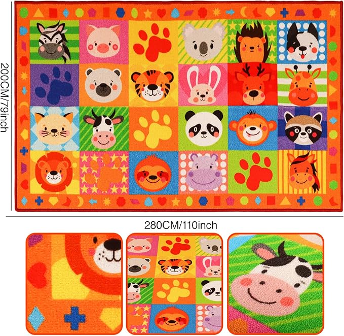 Cute Animal Classroom Rug, 110.2"X78.7" Non-Slip Educational Kids Carpet for Playroom, Washable Preschool Rug for Elementary, Nursery