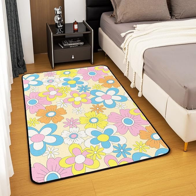 Erosebridal 70S Groovy Flowers Area Rug 5'x6'6'' Hippie Colorful Retro Floral Cute Rug Vintage Garden Flower Carpet Pastel Botanical Hippy Aesthetic Non Slip Decorative Rug for Bedside