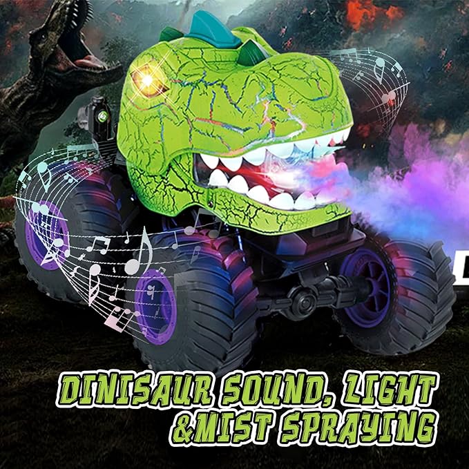 Dinosaur Remote Control Car, 360° Rotating RC Stunt Car Dinosaur Monster Truck Toys with Spray, Light & Sound,2.4GHz All Terrain Indoor/Outdoor Toys for Kids 3-12 Christmas & Birthday (Green)