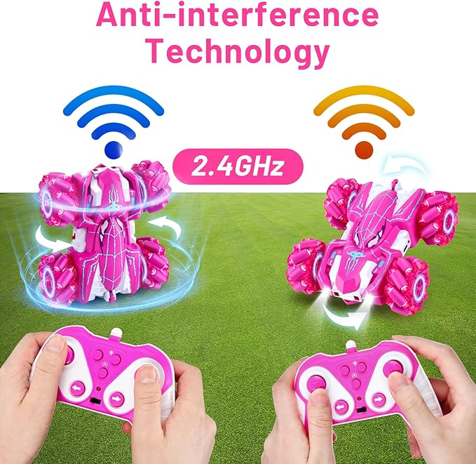 Remote Control Car for Boys 4-6,360° Rotating Double-Sided Rechargeable RC Stunt Cars with Cool Headlights,2.4Ghz 4WD Off-Road Racing Cars for Kids age 4 5 6 7 8 9 10 11 12 Chirstmas Gift (Pink)