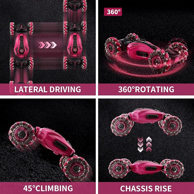 RC Stunt Car, 2.4GHz Remote Control Gesture Sensor Toy Cars, Double Sided Rotating Off Road Vehicle 360° Flips with Cool Lights, Spray， Music，for Boys and Girl 8-12 Year Old（Purplish red）