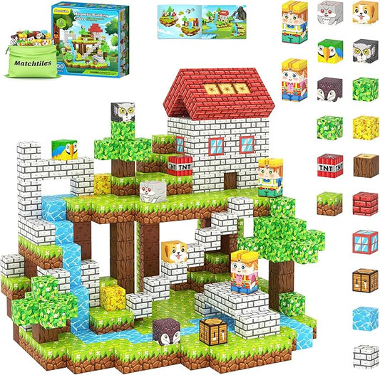 100PCS Magnetic Blocks with Forest Animals Toys, Build Mine Magnet World Set, Magnetic Tiles Building for Boys & Girls Age 4-8 5-7, STEM Montessori Sensory Toys for Toddlers Kids Gifts 3+ Years Old