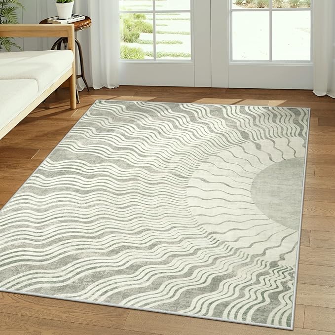 Boho Washable Rugs 5x7, Sun Print Soft Grey Rug for Bedroom Nursery Non Slip, Stain Resistant Living Room Carpet for Dining Room Classroom(5'x 7',Grey/Multi)