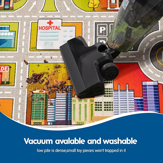 Booooom Jackson Kids Carpet Playmat with 12 Toy Cars for Age 3+ Colorful Non Slip City Rug for Kids Track Play Mat Playroom Bedroom Classroom Nursery