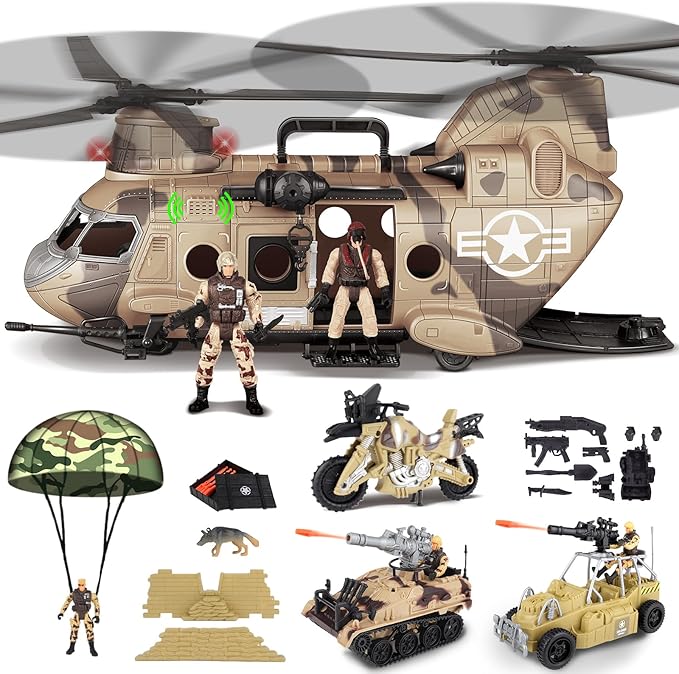deAO Military Helicopter Toys Set Army Men Playset, Army Toys with Soldier Action Figures, Combat Truck, Motorcycle, Army Tank, Aircraft with Lights&Sound, Christmas Birthday Gifts for Kids Boys
