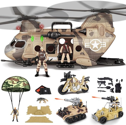 deAO Military Helicopter Toys Set Army Men Playset, Army Toys with Soldier Action Figures, Combat Truck, Motorcycle, Army Tank, Aircraft with Lights&Sound, Christmas Birthday Gifts for Kids Boys