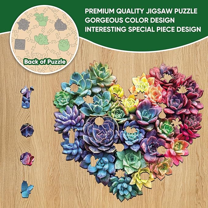 Heart Succulent Puzzles for Adults 200 Pieces, 5MM Thick Unique Shaped Flower Jigsaw Puzzles Birthday Gifts for Kids Family Game 11.8 * 12.6inch