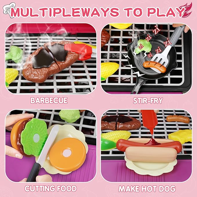 Kids Play Kitchen Toys, Kids BBQ Grill Kitchen Playset with Smoke, Sound & Light, Pink Play Food Toys Cooking Set, 2-Layer Barbecue Outdoor Play Grill Toy Gift for Toddler Girls 3-5, Pink