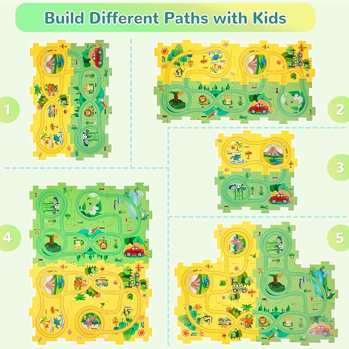 Plastic Floor Puzzles for Kids with 2 Cute Vehicles, Puzzle Racer Kids Car Track Set, Montessori Toys for 3 4 5 6 Year Old Boys, Gifts for 3 4 5 6 Year Old Boys, Toys for Ages 2-4