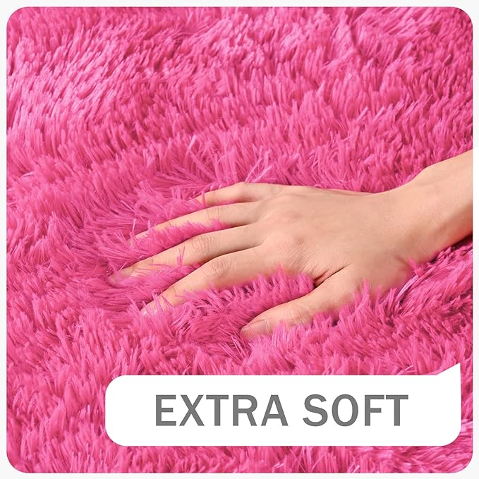 Amearea Shag Fluffy Area Rug for Bedroom Girls Living Room, Extra Soft and Fuzzy Shaggy Rugs, Non Slip, Solid Color Carpet Mat for Boys Nursery Home, Hot Pink 6x9 Feet