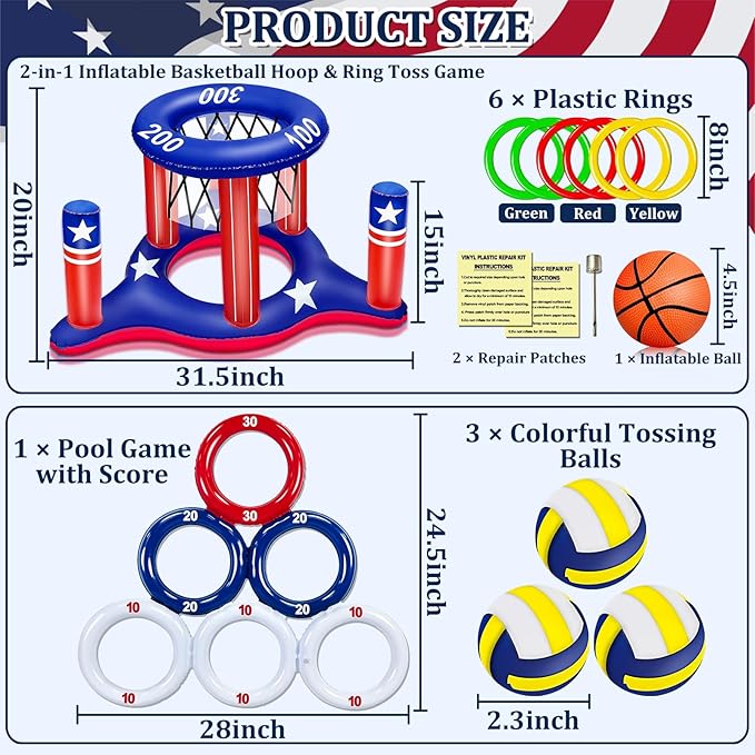 American Flag Pool Toys Games Set, Inflatable 2-in-1 Floating Basketball Hoop and Inflatable Ring Toss Pool Game with Score for Kids Teens Adults Summer Water Pool Toys 4th of July Patriotic Party