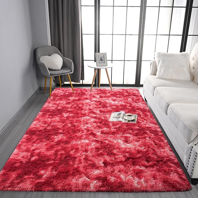 Pettop Large Shag Area Rug, 6x9 Tie-Dyed Plush Fuzzy Rugs for Living Room, Ultra Soft Shaggy Rugs for Bedroom, Non-Slip and Washable Indoor Carpet for Girls Kids Room Home Decor, Burgundy Red