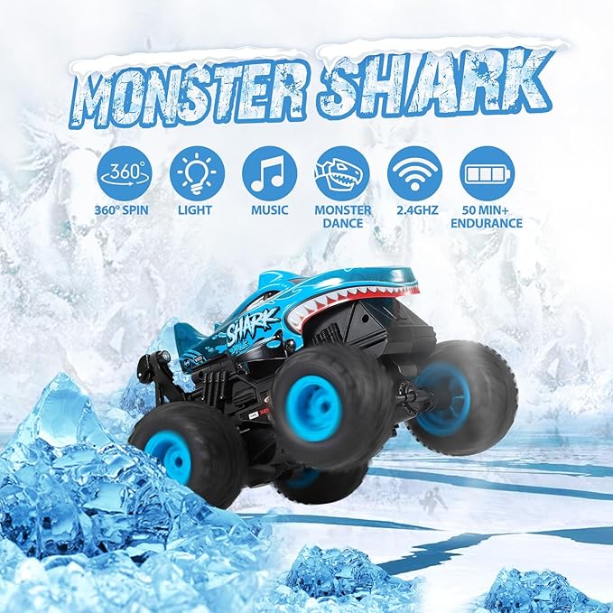 Remote Control Car, 2.4Ghz All Terrain Shark Monster Truck Toys, RC Truck with Music, 3 Lighting Effects, 360 Stunt Capable, All Included Ready to Run, Toy Gifts for Boys and Girls (Blue)