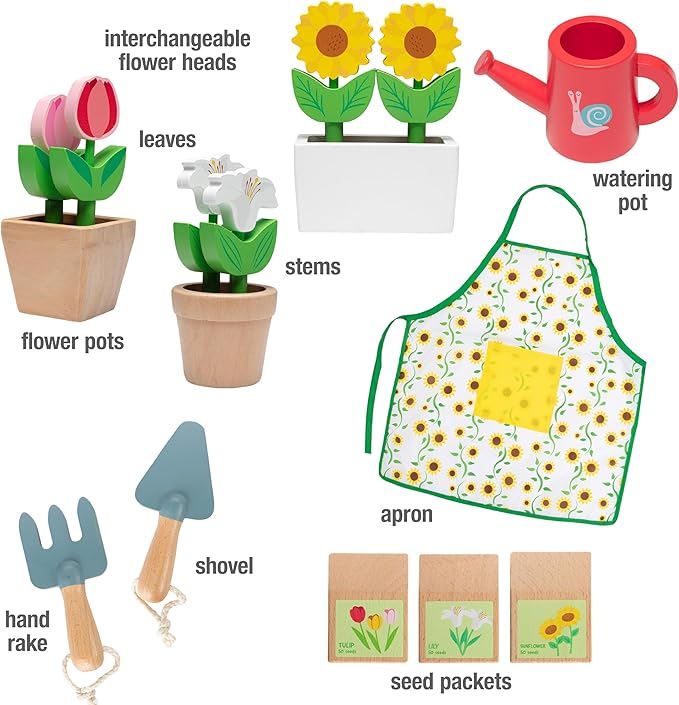 Svan Wooden Toy Gardening Center Indoor Playset - 22 Pc Garden Stand Set w Flowers, Seed Packets, Pots, Shovel Rake Apron Watering Pot- Great Interactive & Fun Pretend Playtime, Gift for Boys Girls