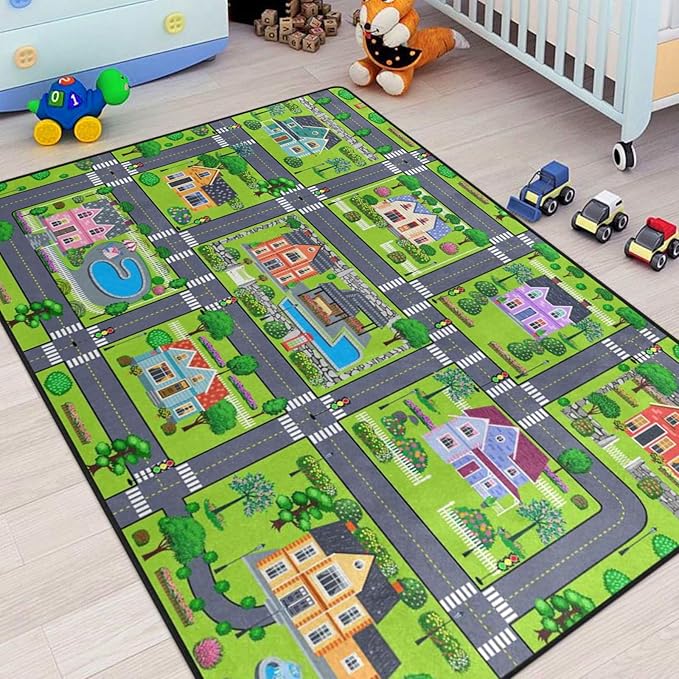Kids Rug, Village Road Playmat Rugs - 5x7 Ft Kids Carpet with Rubber Backing, Cartoon American Style Village Theme House & Road Play Mat Nursery Rugs for Children Bedroom Playroom