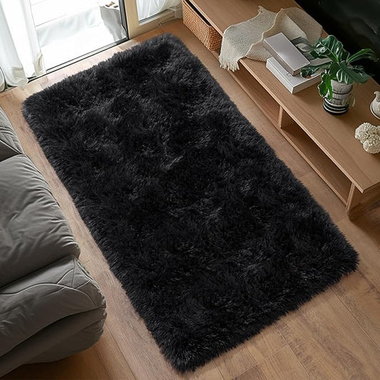 Super Fluffy Throw Rug for Bedroom, Modern Shag Black Area Rugs, Soft and Cozy Plush Small Carpet for Kids,Girls Boys and Teens Decorations for Living Room Dorm Nursery Classroom, 2x4 Feet