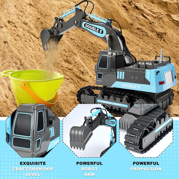 DOUBLE E Remote Control Excavator Toy RC Excavators Rechargeable Battery Digger Hydraulic Construction Toys Vehicles Xmas Gift for Boys Girls Kids 3-14 Years，Gray-Blue
