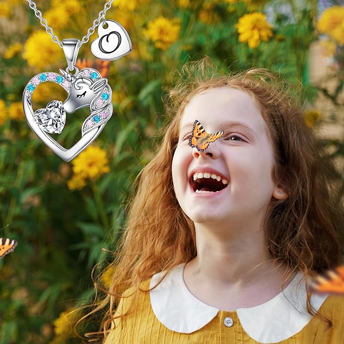 Necklace for Girls Kids Gifts - Colorful CZ Heart Initial Necklaces Unicorn Necklace for Girls Jewelry Birthday Graduation Gifts for Little Girl Kids