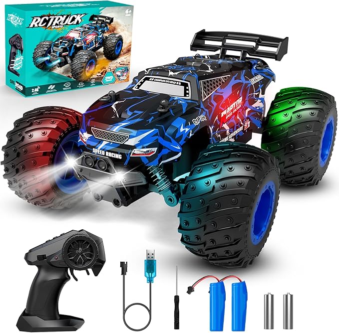 Remote Control Car, 1:18, All-Terrain Remote Control Truck with Headlight and Bodylight, 2WD, 20KM/H, PVC Shell, 2.4GHz, Rechargeable, Sturdy, Two Speed Control, Rc Cars for Kids, Beginner