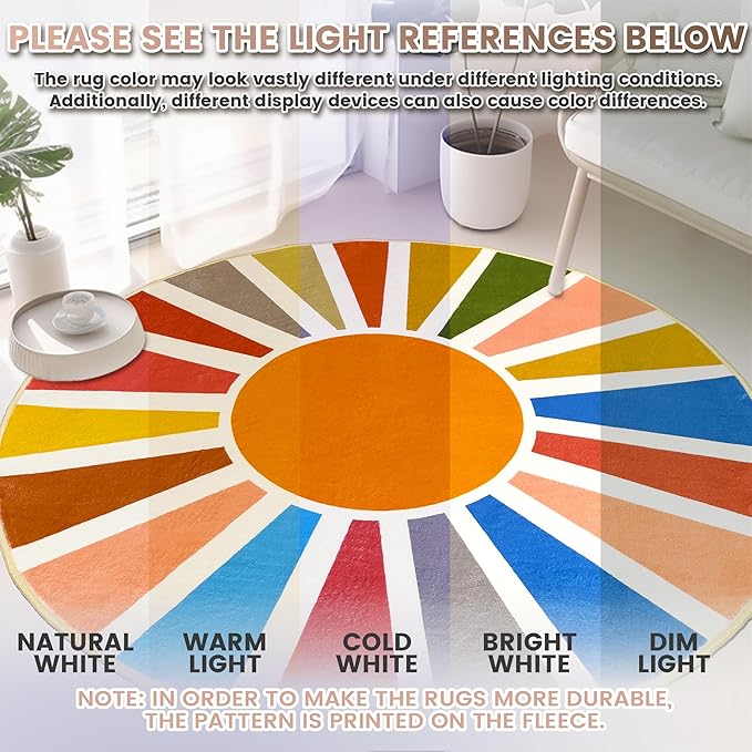 Washable 4Ft Round Sun Area Rug for Living Room, Rainbow Sun Modern Abstract Boho Circle Rug, Ultra Thin Low Pile Lightweight Indoor Carpet Mat with Non-Slip Backing for Bedroom Kids Nursery Play Room