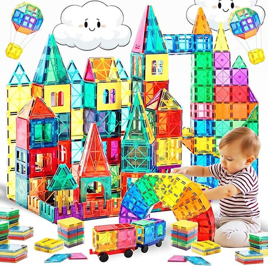 Magnetic Building Tiles for Kids, 100 Pcs Magnetic Building Blocks Set with 2 Cars, Construction Magna Tiles, STEM Sensory Stacking Educational Toys Gifts 3+ Girls and Boys