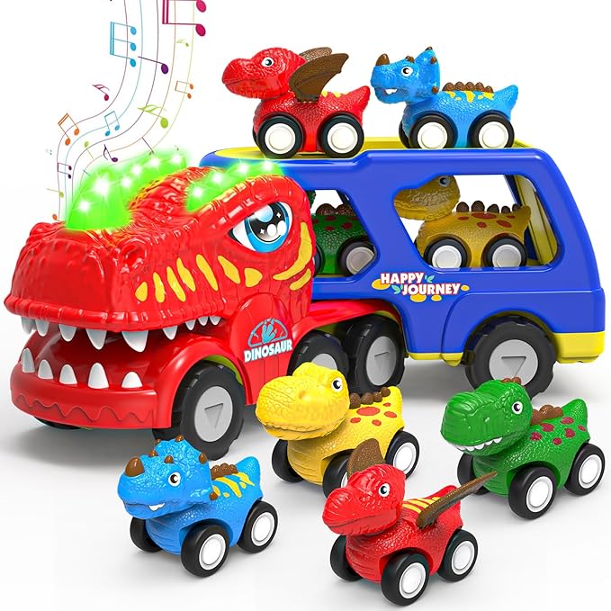 Toddler Car Toys for 1 2 3 4 5 Year Old Boy, 5-in-1 Dinosaur Vehicle Trucks Toys for Toddlers 1-3 with Sounds & Lights Toys for Boys 4-6 Boy Toys Age 2-6 Dinosaur Toys for Kids 3-5