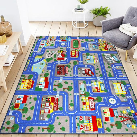 Educational Road Traffic Carpet Kids Carpet Playmat Car Rug Fun City Life Map Kids Car Rug Non Slip Play Carpet for Children Playroom Bedroom Classroom Decor (Blue, 5'0''x6'6'')