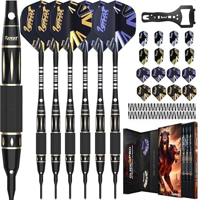 IgnatGames Darts Plastic Tip Sets - 6/12 Pack Soft Tip Darts for Electronic Dartboard with Brass Barels and Aluminum Shafts - 100 Extra Tips and 16 Flights, Wrench & Innovative Case