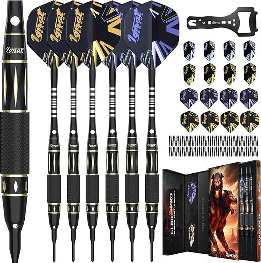 IgnatGames Darts Plastic Tip Sets - 6/12 Pack Soft Tip Darts for Electronic Dartboard with Brass Barels and Aluminum Shafts - 100 Extra Tips and 16 Flights, Wrench & Innovative Case