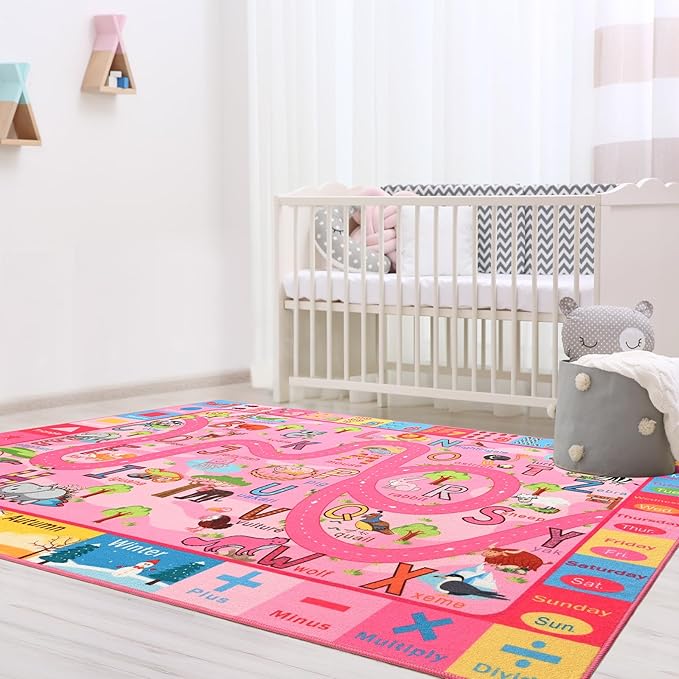 Terrug Kids Rug for Playroom, Educational Classroom Rug for Kids Room, Washable Nursery Rugs Non Slip Playroom Rugs Play Mat for Learning ABC Carpet, Numbers, Animal, Colors, Season, 3X5 Feet, Pink