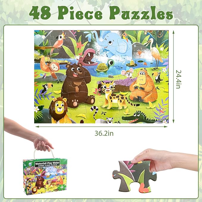 Jumbo Floor Puzzle for Kids, Dinosaur Puzzle for Kids Ages 4-8, 48pcs Jigsaw Puzzle for Toddlers 3-5 Year Old, Preschool Learning & Education Toys, Great Gift for Children(Jungle Animals)