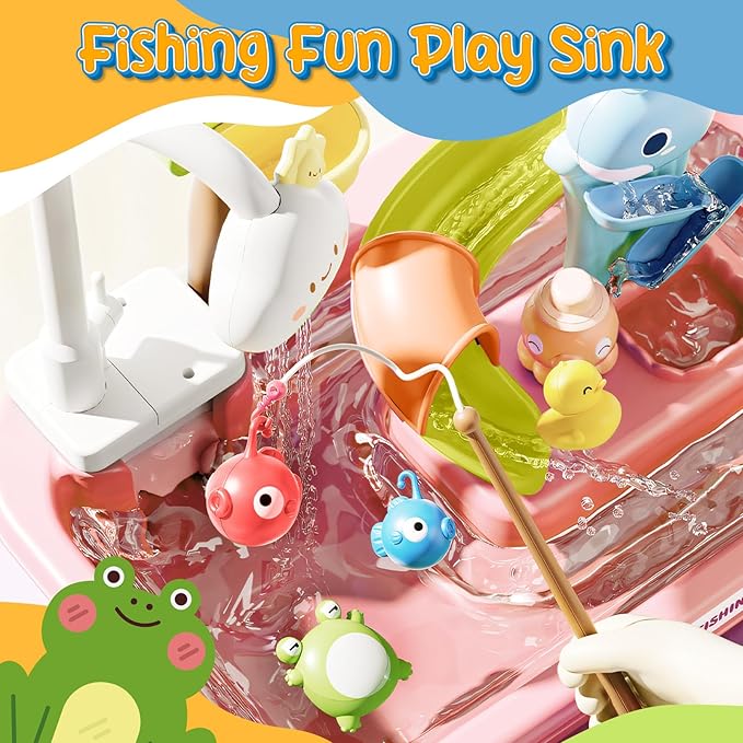 Play Sink with Running Water, 4-IN-1 Kids Kitchen Sink Toys with Electric Faucet, Water Table Floating Pool Toy w/ Fishing Game, Duck Slide, Pretend Play Dishwasher Set for Toddler Boys Girls (Pink)